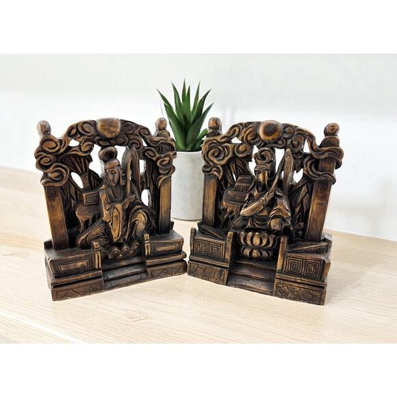 Antique Handcarved Wood Bookends Chinese Immortals Figures Felt Bottom 1900s - Picture 1 of 10